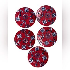 Merritt Castaway 8” Salad Plate Set Of 5 Nautical Melamine Anchors Coastal Red